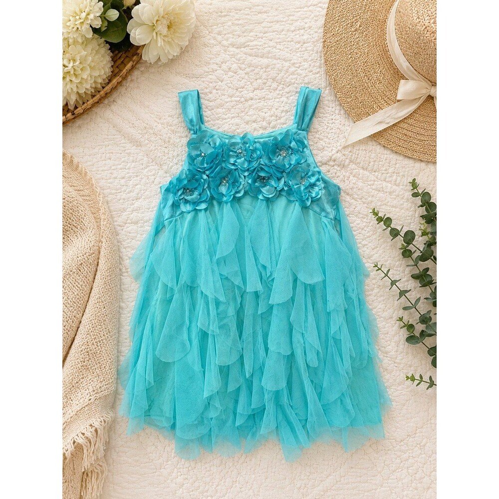 Biscotti Girls Size 5 Aqua Blue Floral Appliqué Tiered Tulle Party Dress